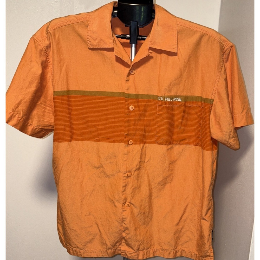 US Polo Assn silk Co. Mens Orange Striped‎  Shirt short Sleeve Size M